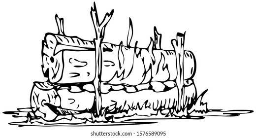 black and white vector illustration - hunting fire "nodya" of two logs