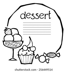 black and white vector illustration of an ice cream, a cupcake and a couple of candies, can be used as a template for menu page