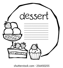 black and white vector illustration of an ice cream, a piece of cake and a cupcake decorated with berries, can be used as a template for menu page