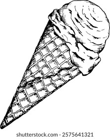 Black and white vector illustration of an ice cream scoop in a waffle cone, created in a detailed ink sketch style. Perfect for summer dessert menus, bakery branding, cookbook, confectionery packaging