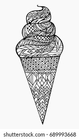 Black and white vector illustration of ice cream cone with boho pattern. Doodle element for printing on T-shirts, postcards and your creativity