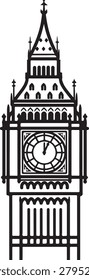 Black and white vector illustration of the iconic Big Ben clock tower featuring a detailed clock face and intricate architectural design.
