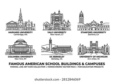 Black and white vector illustration of iconic college campuses with architectural details for educational projects.