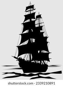 black and white vector illustration with the image of a sailing ship for printing postcards, flyers, stickers and for the design of other illustrations