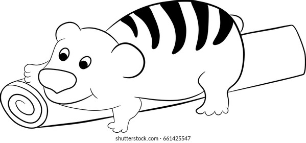 black white vector illustration of an imagined cartoon tiger-bear cub lying on a wooden log and smiling