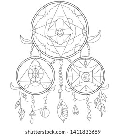 black and white vector illustration of an Indian dream catcher