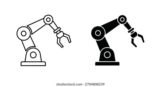 Ilustração vetorial em preto e branco de um braço robótico industrial, isolado sobre um fundo branco. Este design de arte de linha simples é perfeito para qualquer projeto precisa.