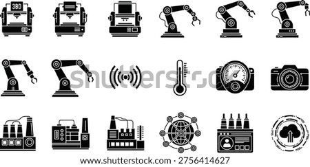 Black and white vector illustration of industrial automation icons, 3D printers, CNC machine, robotic arms, smart factory, sensors, cloud computing, connectivity