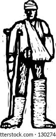 Black and white vector illustration of injured man