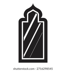 Schwarz-weiße Vektorgrafik eines islamischen Bogenfensters, das Licht reflektiert und ein traditionelles mittelöstliches Architekturdesign zeigt