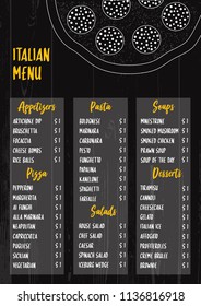 Black and white vector illustration - Italian menu on textured wood background. Food - pasta, appetizers, desserts. Perfect for restaurant, cafe flyer, delivery pizzeria menu. Chalkboard drawing.