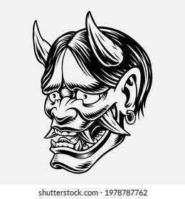 A black and white vector illustration of a Japanese Oni Demon