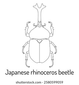 Black and white vector illustration of a Japanese rhinoceros beetle (Allomyrina dichotoma). Perfect for educational materials, entomology studies, and coloring pages.