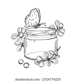 Black and white vector illustration of a jar with taiga berries and a butterfly. Hand-drawn ink engraving style. Suitable for labels, packaging, herbal products, logos, prints, and botanical designs.