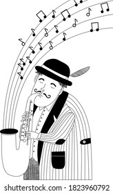 Black and white vector illustration of jazzman.Jazz musician. Saxophonist. Vector hand drawn illustration. Music retro poster.Man playing jazz music or performing on musical stage in retro suit.