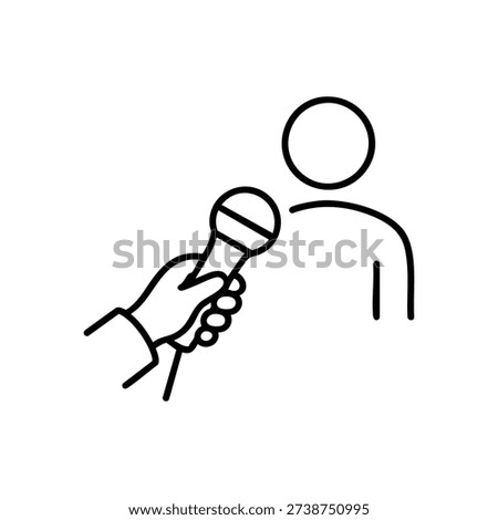 Black and white vector illustration of journalist interviewing person with microphone icon for media and journalism