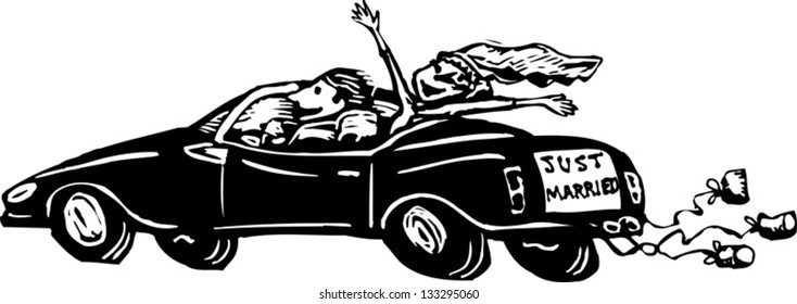 Black and white vector illustration of just married couple