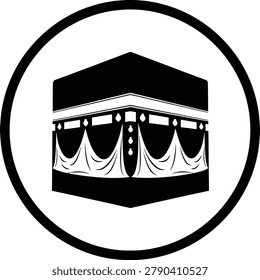 Black and white vector illustration of the Kaaba, the most sacred site in Islam, enclosed within a circular frame. Represents Hajj pilgrimage, religious devotion, and Islamic culture.