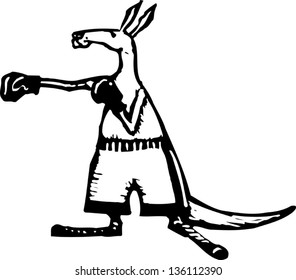 Black and white vector illustration of a kangaroo as a boxer