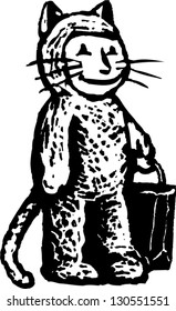 Black and white vector illustration of kid wearing Halloween cat costume