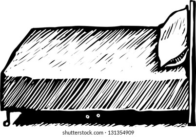 Black and white vector illustration of kid hiding under bed