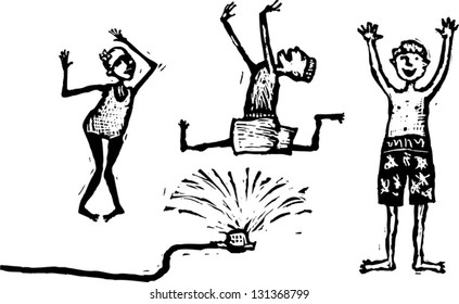 Black and white vector illustration of kids playing in sprinklers