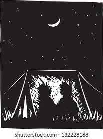 Black And White Vector Illustration Of Kids In Tent Camping Out