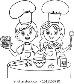 Black And White Vector Illustration Of Kids Preparing Muffin Cakes