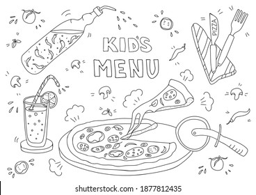 Black and white vector illustration for kids menu with pizza, lemonade, tomato and basil in doodle style. Page of a children's coloring book. Blank A3 horizontal format