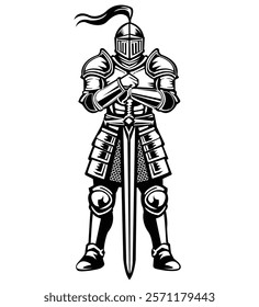 Black and white vector illustration of a knight in armor holding a long sword