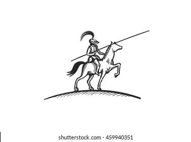 Black and white vector illustration of knight on horse with spear on white background. Vector illustration.