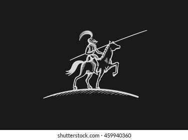 Black and white vector illustration of knight on horse with spear on black background. Vector illustration.