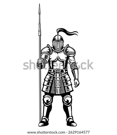 Black and white vector illustration of a knight in armor holding a spear