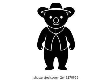 Black and white vector illustration of a koala bear wearing a hat and jacket simple silhouette style