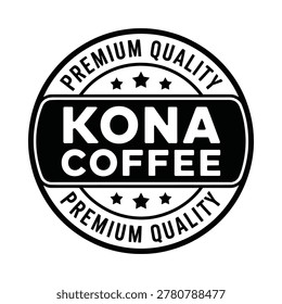 Black and white vector illustration of a Kona coffee label featuring text, stars, and a