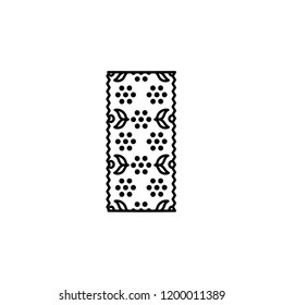 Black & white vector illustration of lace tape with floral ormanet. Line icon of decorative textile band for sewing & handmade. Isolated object on white background. 