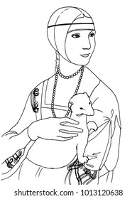 Black and white vector illustration of of the lady with the ermine the Leonardo da Vinci famous painting