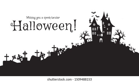 Black and white vector Illustration of a landscape with a Spooky Haunted Halloween Castle and a graveyard. Dracula castle and various silhouettes of flying bats