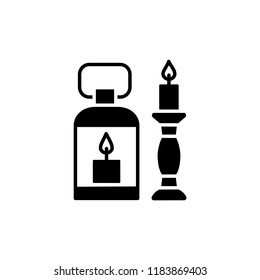 Black & white vector illustration of lantern & candlestick. Flat icon of interior design products. Decorative vintage candle holders. Isolated objects on white background. 