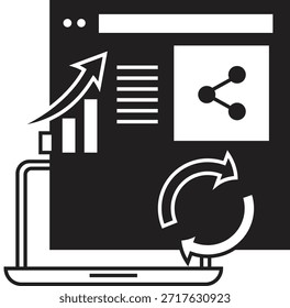 Ilustración vectorial en blanco y negro de una computadora portátil con un navegador de Web que muestra un ícono de acción social, una flecha de crecimiento ascendente y símbolos de actualización o sincronización, que representan análisis de marketing digital y Actualizar de datos en tiempo real.