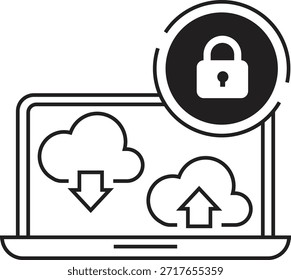 Ilustração vetorial em preto e branco de uma tela de notebook exibindo ícones na nuvem com setas de carregamento e download, com um símbolo de cadeado proeminente