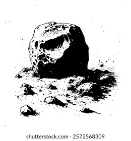 black and white vector illustration of a large boulder on rugged terrain, created with detailed textures and cross-hatching for an artistic and naturalistic look