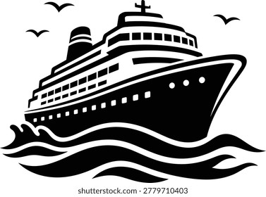 A black and white vector illustration of a large cruise ship sailing on the sea, featuring a passenger liner design with waves and birds in the sky.