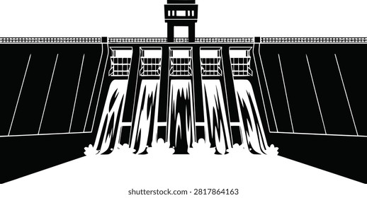 Black and white vector illustration of a large hydroelectric dam with water gushing through multiple spillways, symbolizing power generation and water control.