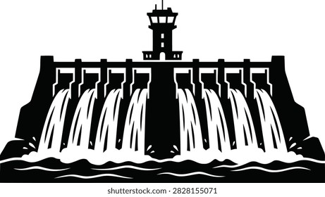 A black and white vector illustration of a large hydroelectric dam with water flowing through the spillways, representing renewable energy generation.