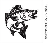 Black and white vector illustration of a largemouth bass fish with its mouth open, isolated on a white background.