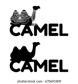 Black and white vector illustration of laying two-hump camel with text