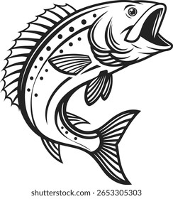 "Ilustração vetorial preto e branco de um peixe saltando, estilo de arte de linha arrojada, barbatanas e escamas detalhadas, boca aberta, pose dinâmica, estilo de madeira vintage ou tatuagem