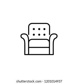 Black & white vector illustration of leather armchair with high back. Line icon of arm chair seat. Upholstery furniture for home & office. Isolated object on white background 