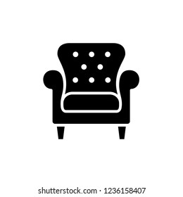 Black & white vector illustration of leather office armchair with high back. Flat icon of arm chair seat. Upholstery furniture for living room & bedroom. Isolated object on white background 